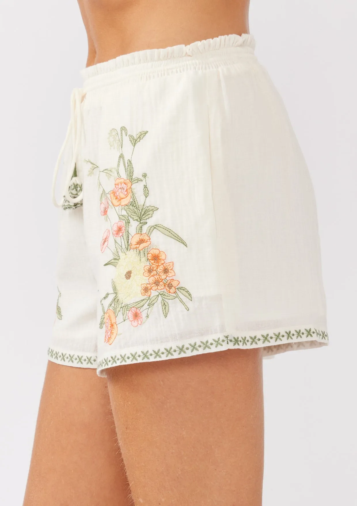 Embroidered Smocked Waist Drawstring Shorts