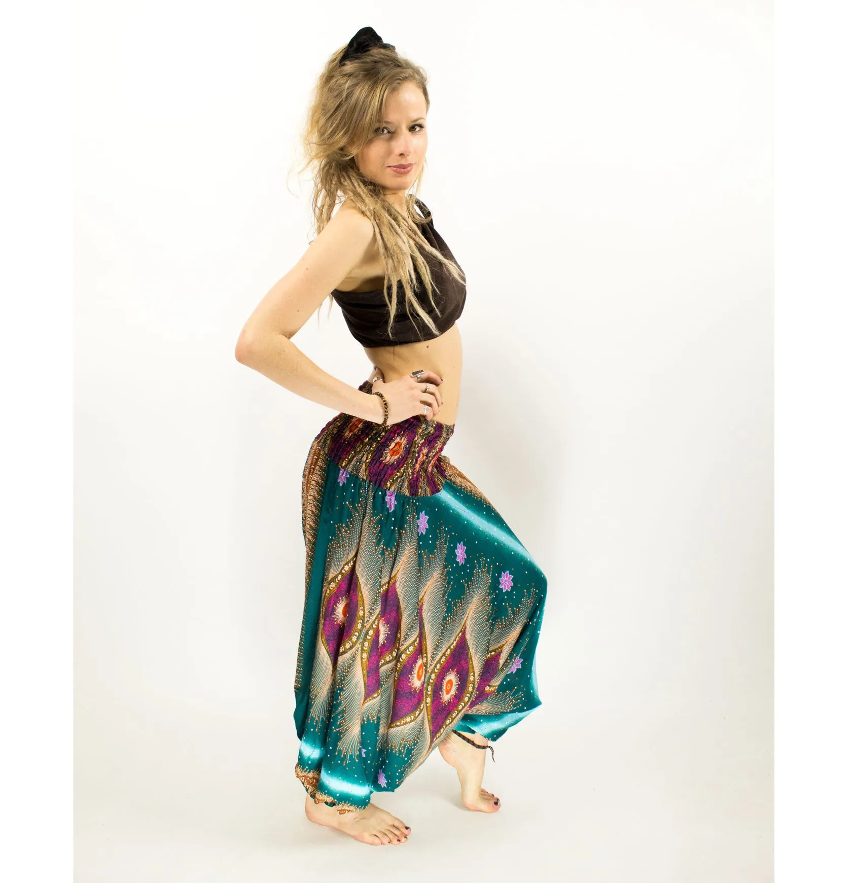 PATTERNED HAREM LOW CROTCH PANTS TEAL