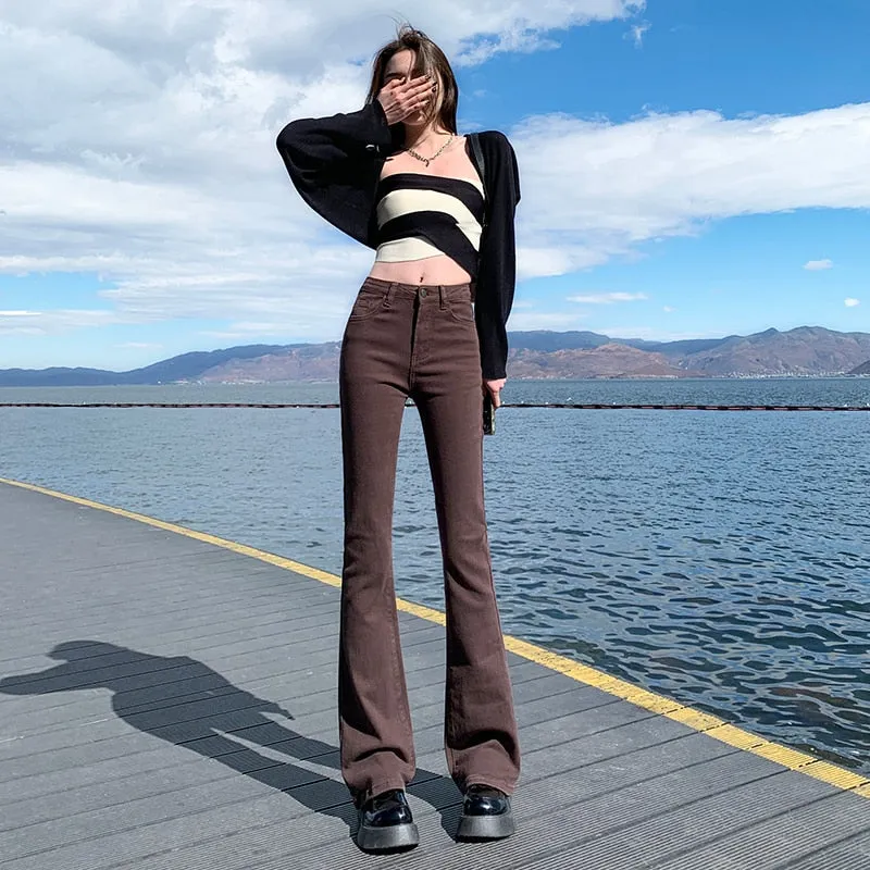 Wjczt Flare Jeans Low Waist Loose Comfortable Jeans For Women Pants 2022 Elastic Fashion Boyfriend Style Denim Pant Trousers